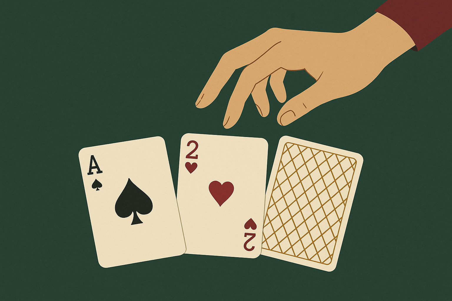 A hand hovers over an ace of spades, two of hearts, and a face-down card, weighing the next move