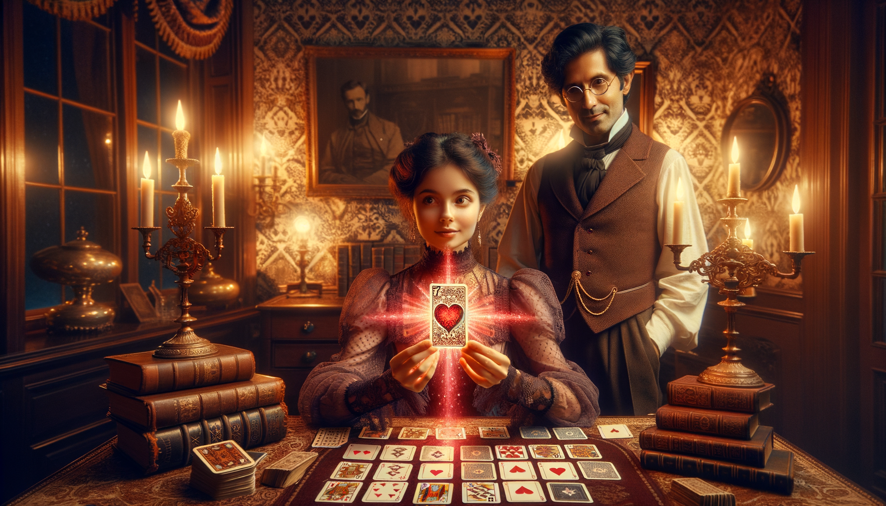 A young Victorian woman holds a glowing Seven of Hearts card radiating crimson light, as an older gentleman watches with knowing satisfaction in a candlelit 1847 London study