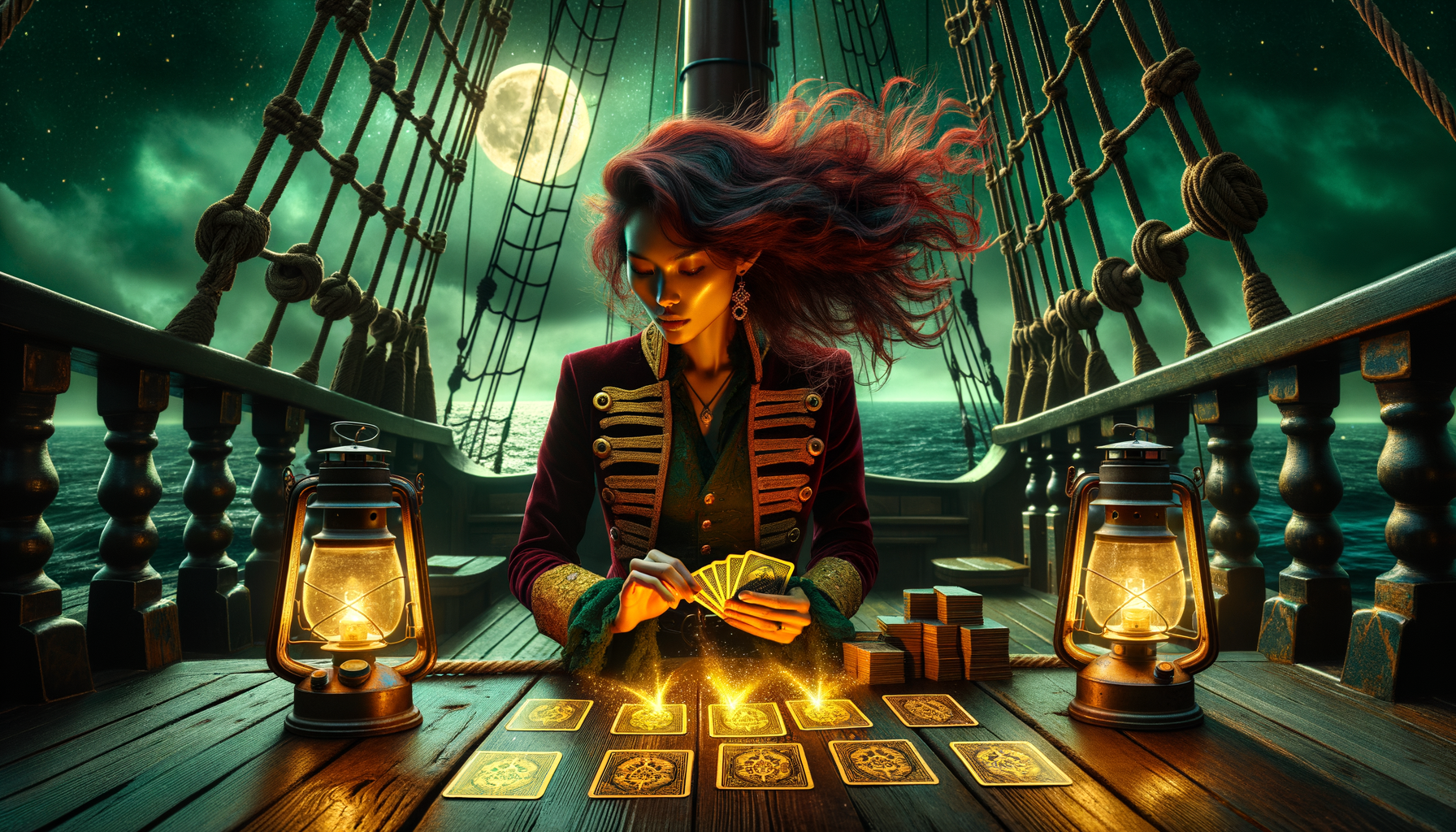 A pirate captain playing solitaire by lantern light on a ship deck with mystical glowing cards
