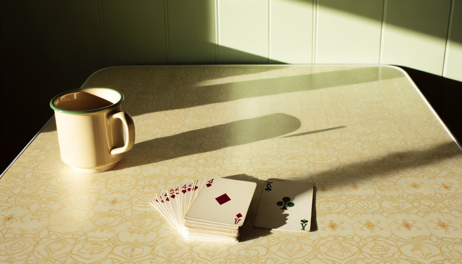 A worn deck of cards resting on a wooden table beside a window, soft afternoon light casting gentle shadows