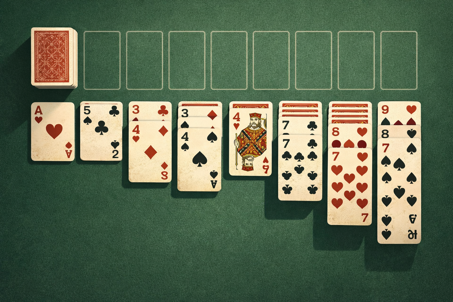 Illustration of a Klondike solitaire tableau layout on green felt