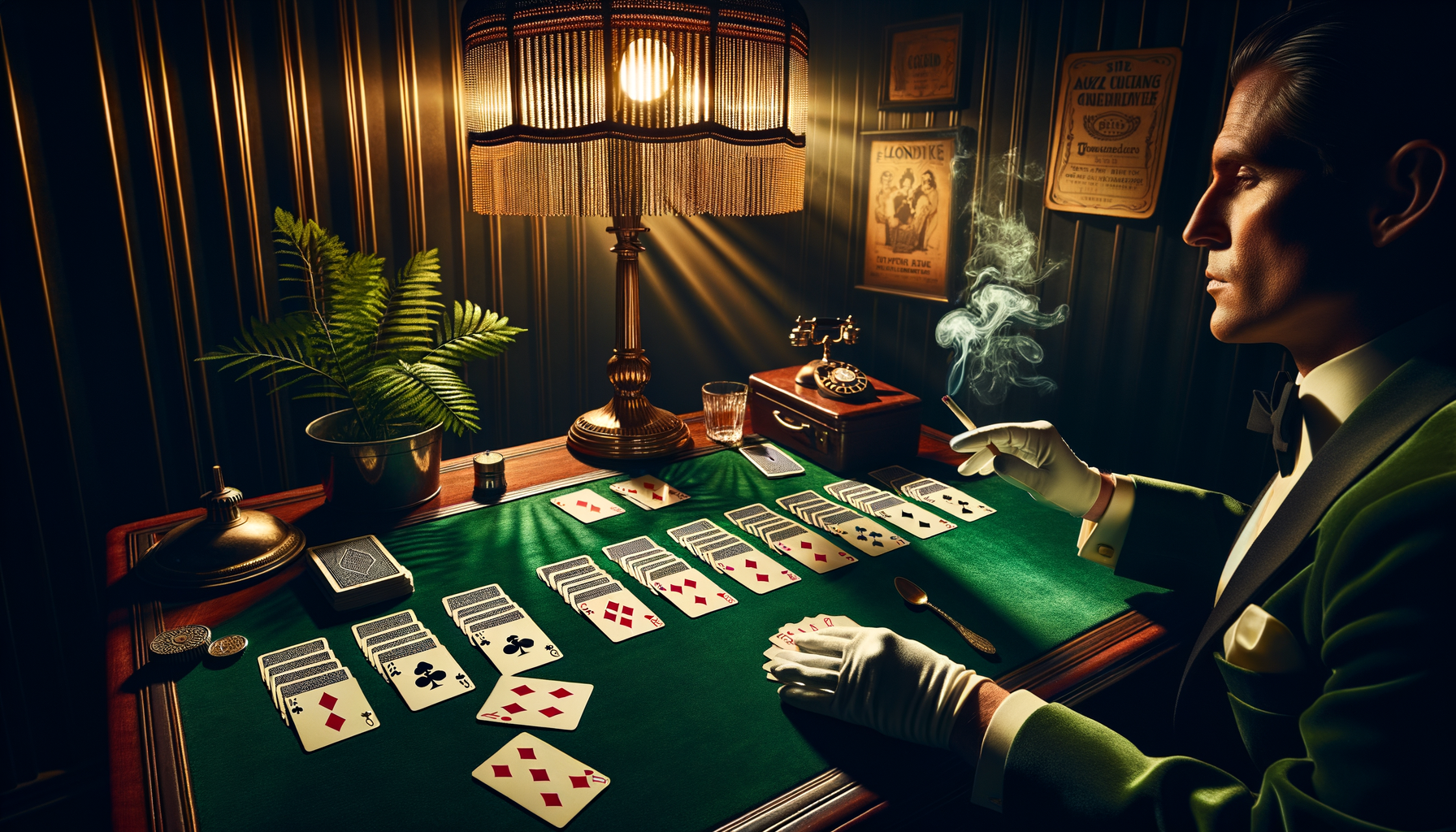 Art deco speakeasy scene with cards spread on a velvet table under dim golden light