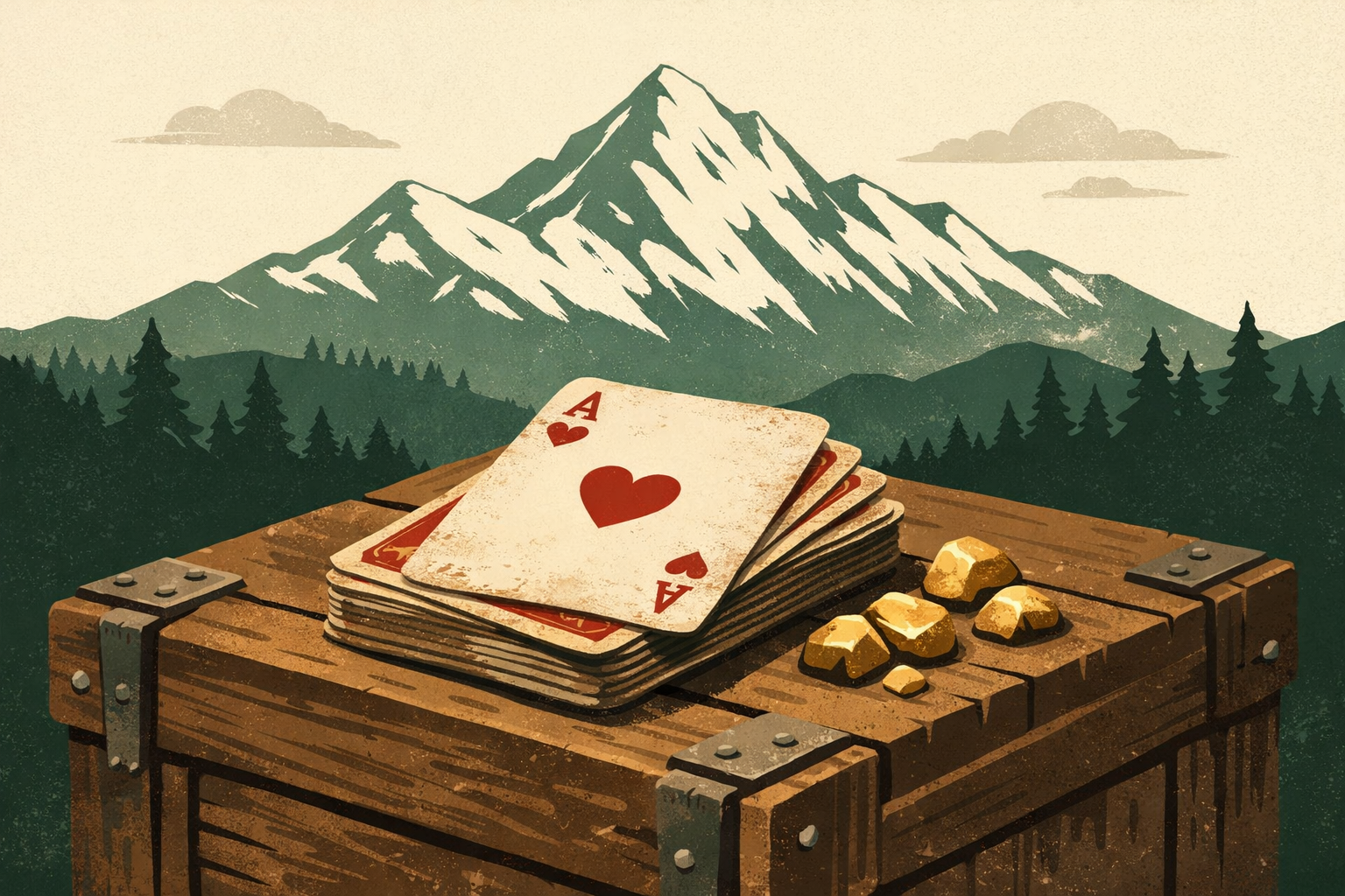 Illustration of playing cards and gold nuggets on a wooden crate with Klondike mountains