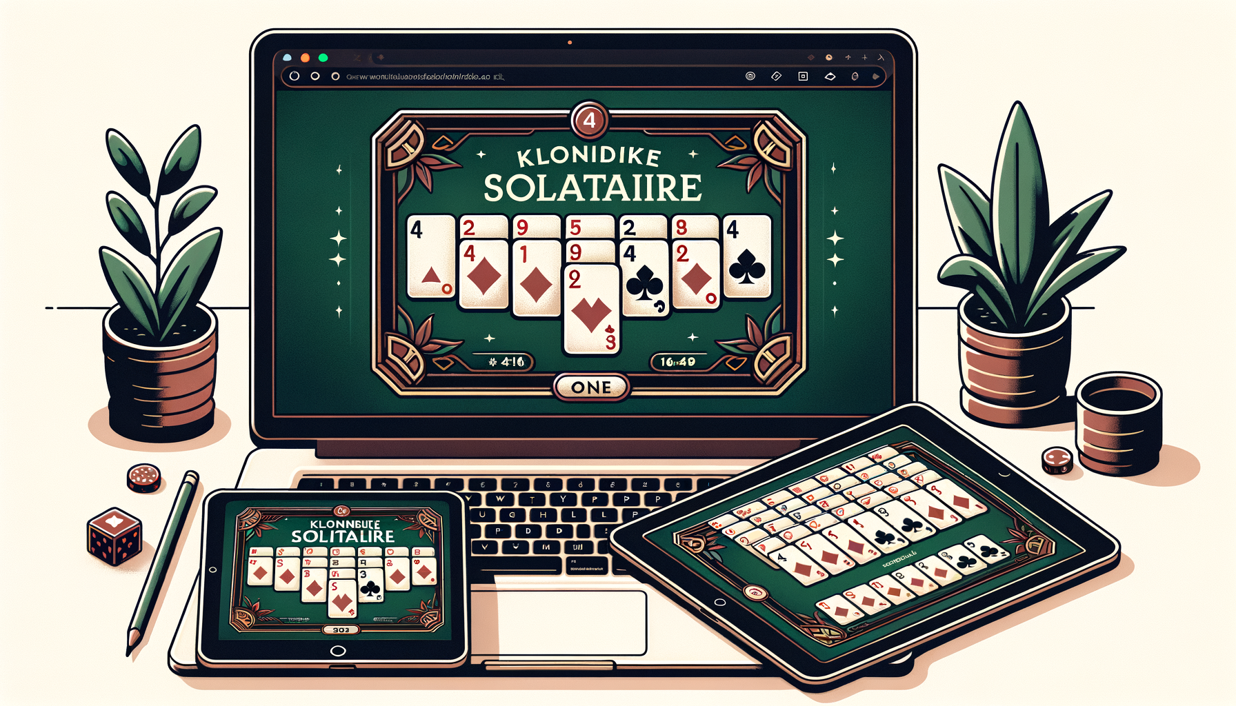 Modern browser window displaying Klondike solitaire game with multiple theme options